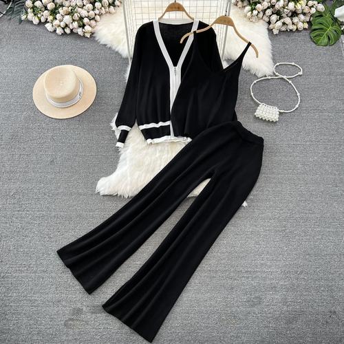 Осень-зима, винтажный однотонный вязаный свитер, брюки, комплект из 3 предметов, женский спортивный костюм, куртка на молнии с длинными рукавами, пальто, жилет, брюки, наряды