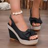 2024 New Slope Heel Hemp Thick Sole Fashionable Fish Mouth Sandals for Women's Summer Large Denim Bow Waterproof Platform Sandals