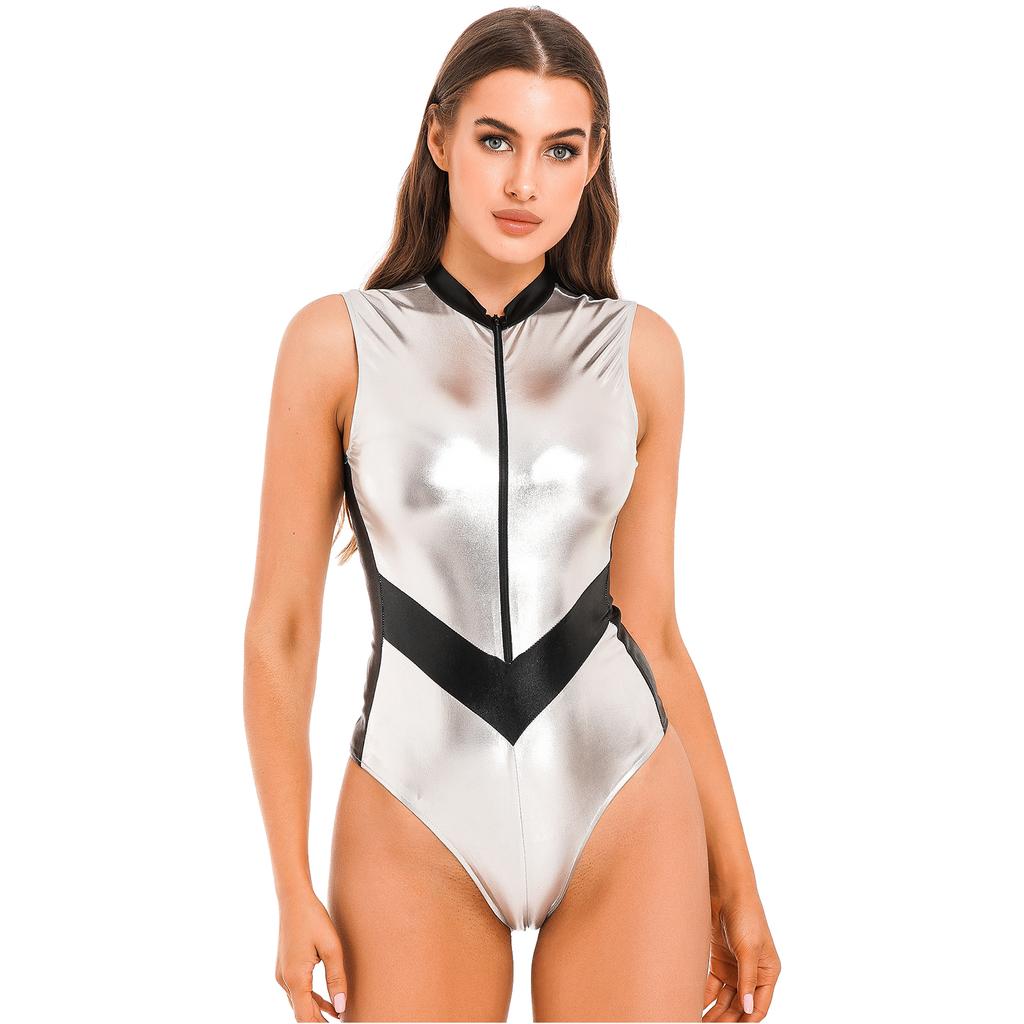 Women Halloween Astronaut Cosplay Costumes Shiny Metallic Zipper Sleeveless Bodysuit Catsuits