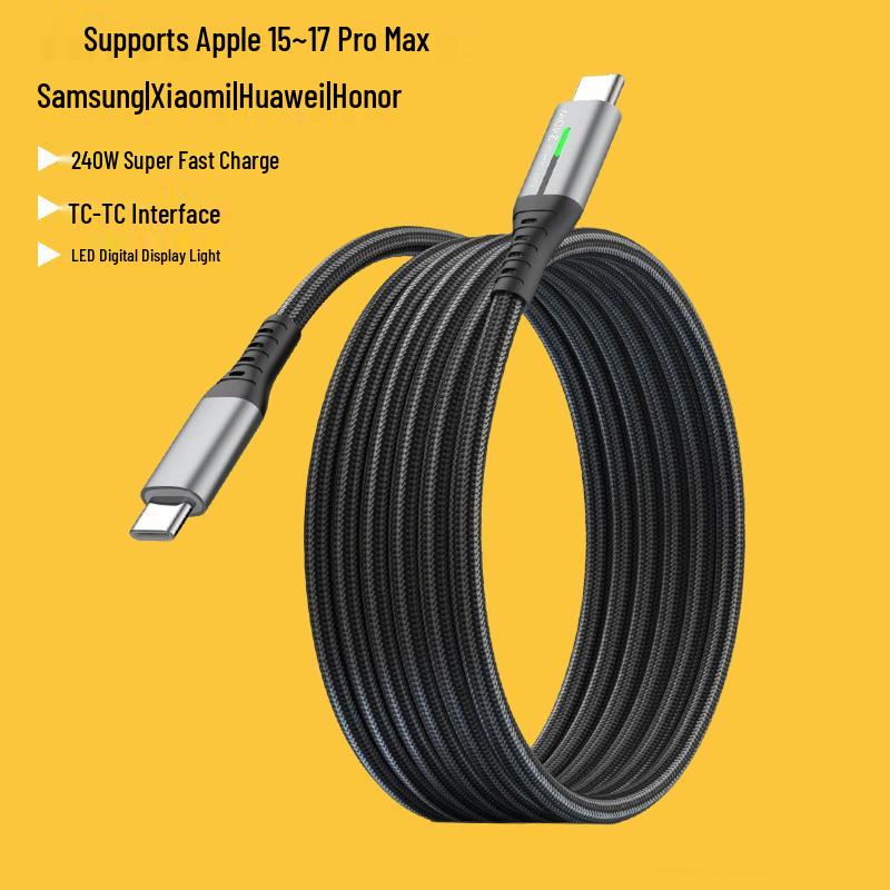 Быстрый зарядный кабель 240 Вт с двумя портами USB-C и светодиодной подсветкой для устройств Apple, Android, Huawei.
