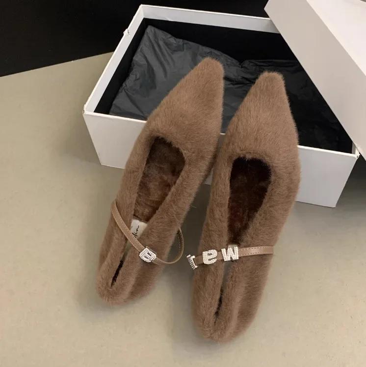 Остроносые плюшевые туфли для женщин для ношения осенью и зимой 2025 года, новая обувь на плоской подошве, одинарная обувь для женщин с плюшем, женские ботинки, zapatos