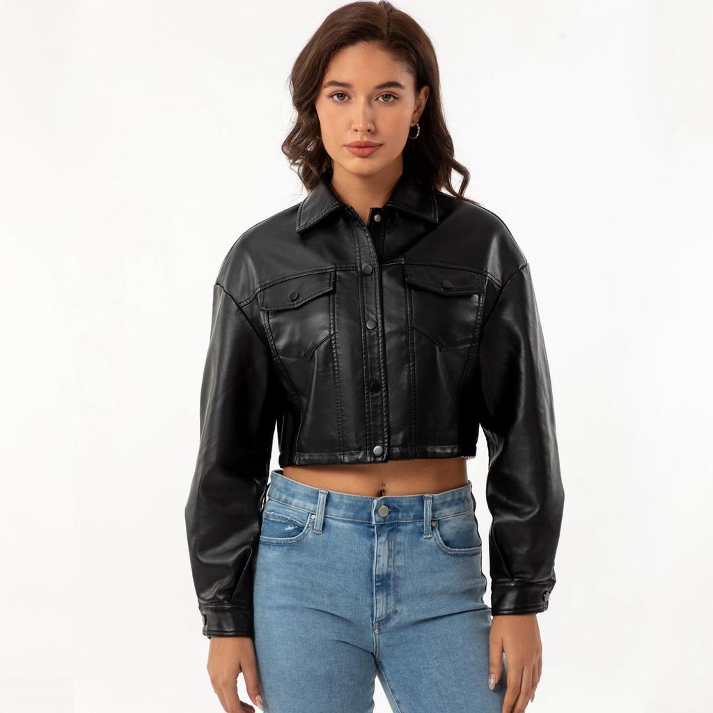 Women’s Jackets Faux Leather Long Sleeves Single Breasted Crop Top Punk Jacket Short Motorcycle Coat Fashion Out Wear