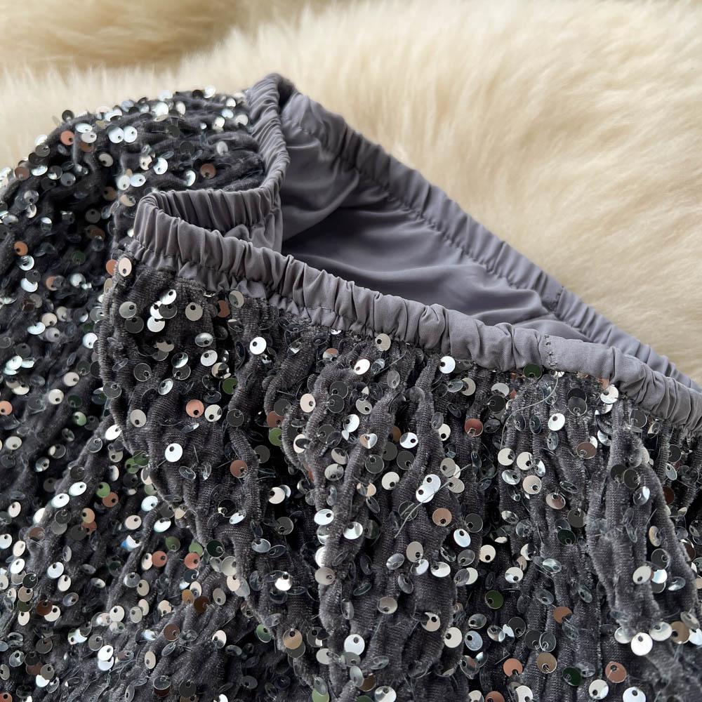 Высококачественная нишевая юбка с высокой талией и блестками, женская осенняя сумка средней длины во французском стиле ретро, ​​платье на бедрах