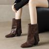 Winter Women Foldover Ankle Boots Red Black Brown High Block Heel Square Toe Casual Dress Lady Slip-on Folding Short Skirt Boots