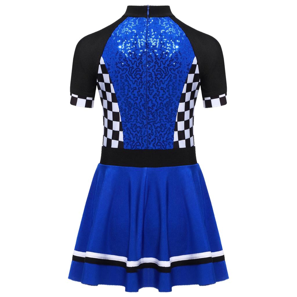 Kids Halloween Racing Costume Mock Neck Short Sleeve Back Zipper Checkerboard Sequins Dress Built-in Underwear for Theme Party