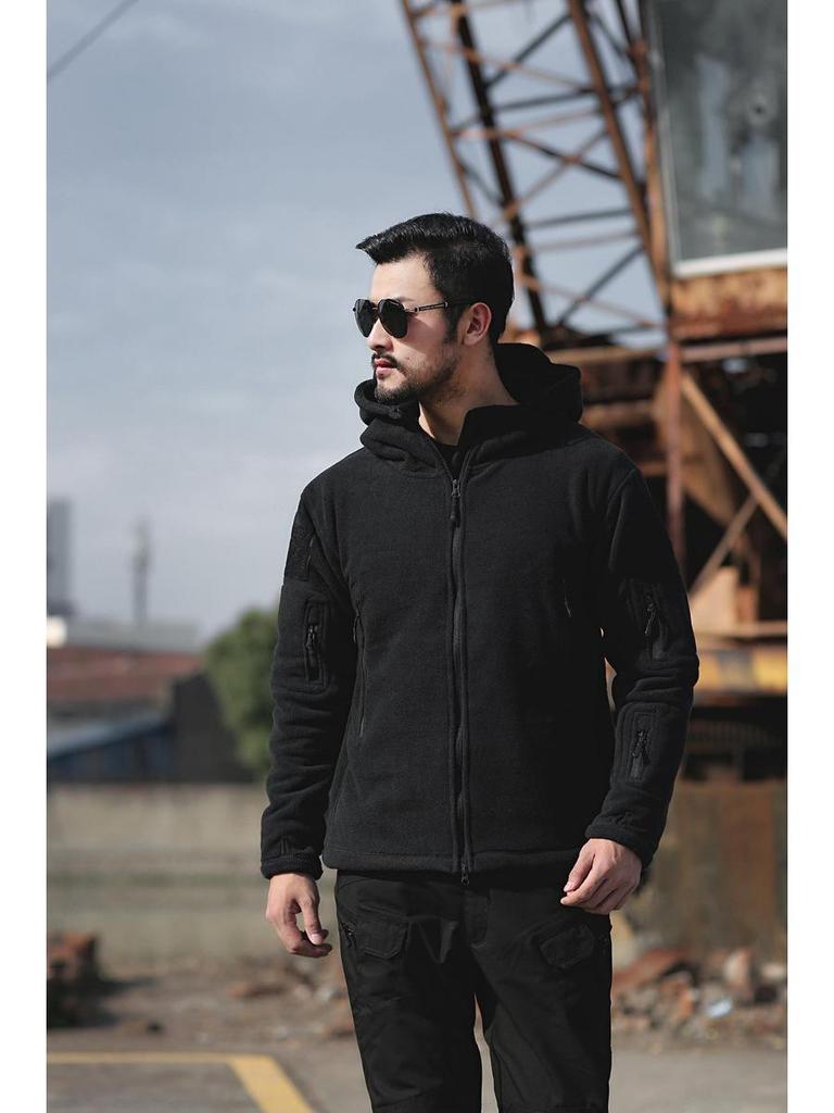 Men's Outdoor Windproof Warm Fleece Hooded Jacket - Solid Color