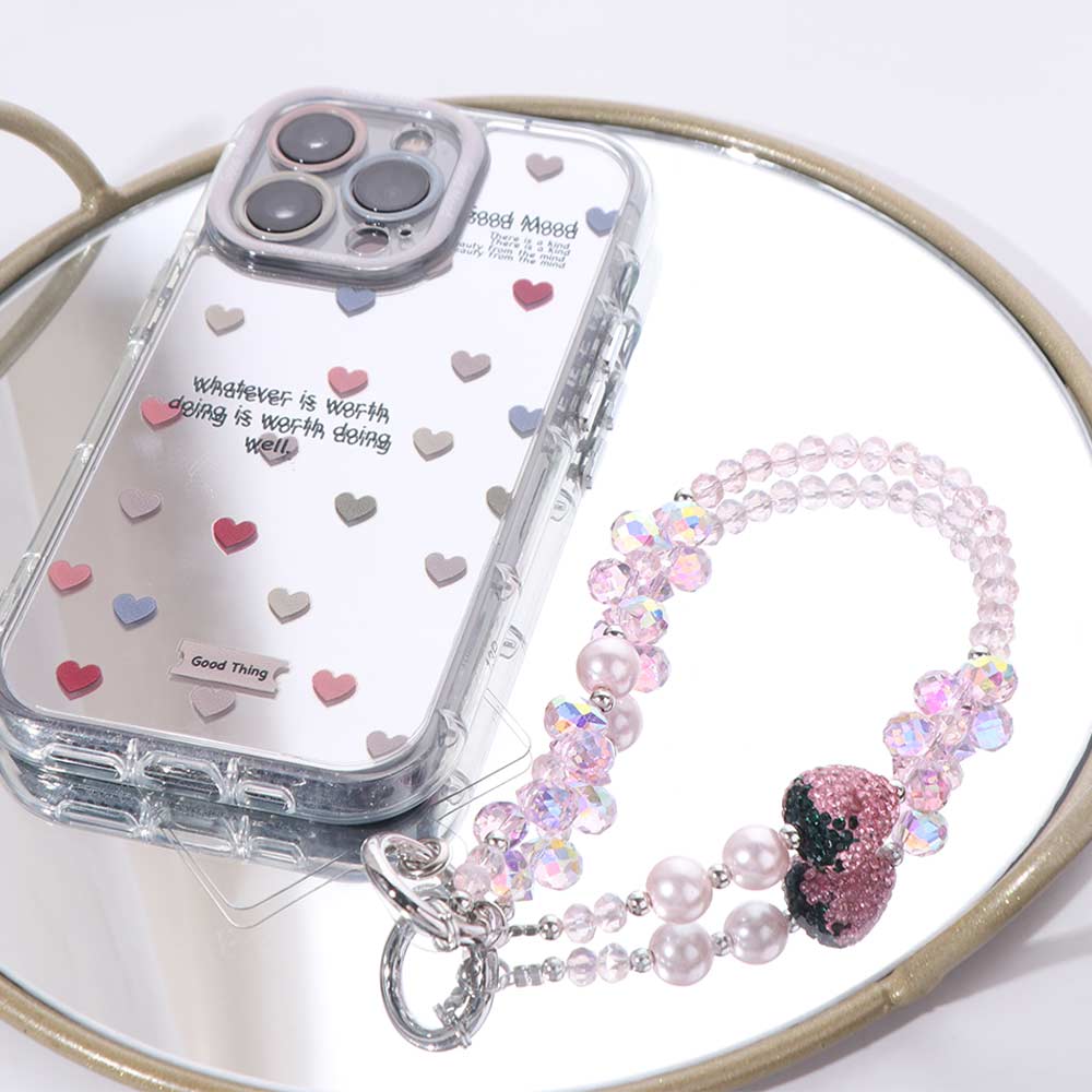 Short Bling Strawberry Phone Chain With Clip Pearl Mobile Phone Lanyard Car Key Accessories