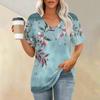 Women's Fashion Pocket V-neck Short Sleeve Plant Floral Print T-shirt Top