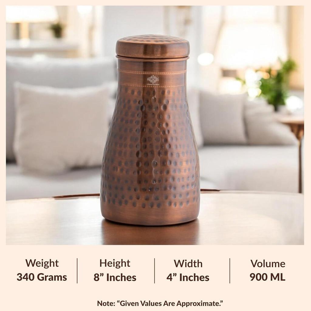 Pure Copper Bedroom Water Bottle with Inbuilt Glass, Hammered Antique Design, Volume 900 Ml (Pack of 2)