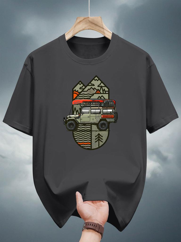 200g 100% Cotton Short Sleeve T-shirt with Mountain Adventure Graphic Print - Breathable Regular Fit Casual Summer Tee for Outdoor Enthusiasts
