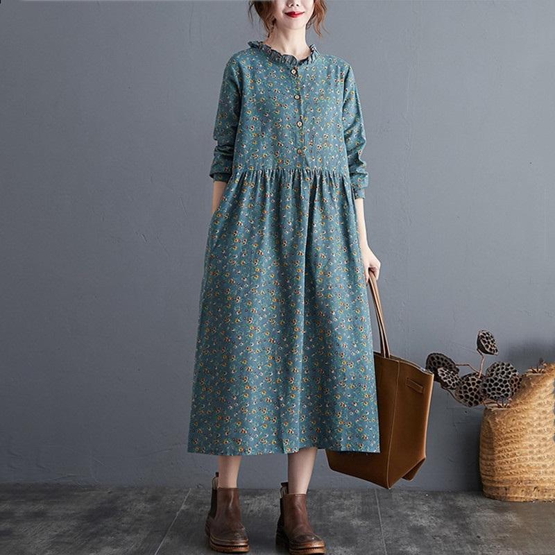 Женское платье миди с длинными рукавами из хлопка (лён) цветочный принт большие размеры