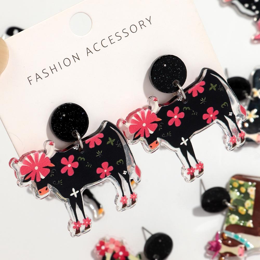 Cute Flower Cow Acrylic Print Earrings for Women Girls New Cartoon Hat Boot Cattle Animals Drop Earring Lovely Jewelry Gifts