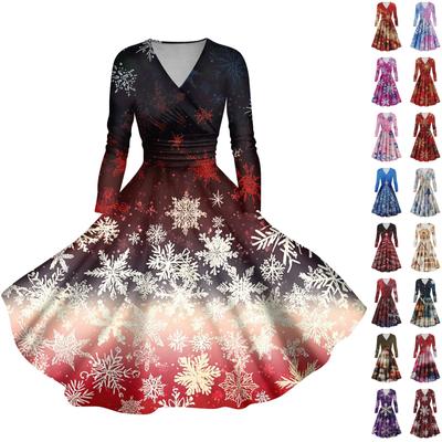 Женские повседневные модные рождественские принты с длинным рукавом и V-образным вырезом, сексуальные платья с карманами