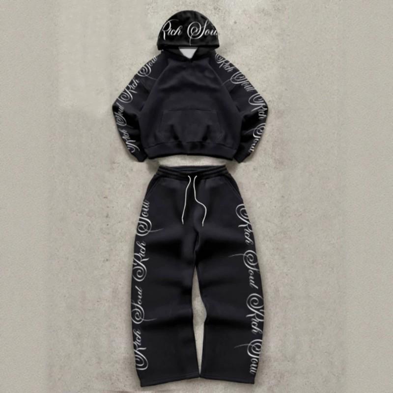 2-Piece Womens Streetwear Set Hooded Zip Sweatshirt Pants Floral Letter Print Sporty Outfit