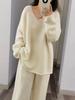 Women's V-Neck Loose Fit Mid-Length Knit Wool Sweater - Autumn/Winter, Plus Size, Korean Style