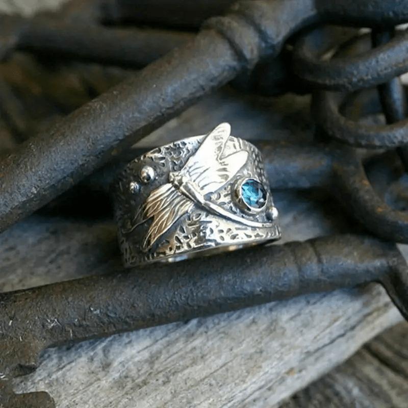 Изысканное широкое кольцо в стиле ретро «Стрекоза», инкрустация натуральным камнем, вольфрамовая сталь, стиль «Богема», изысканный аксессуар для вечеринок на каждый день, с синим драгоценным камнем