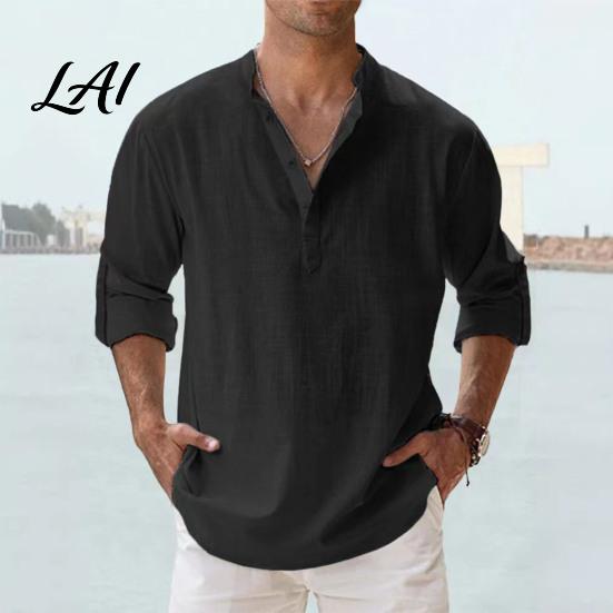 Comfortable Pullover Alternative Men Casual Shirt Tops Stand Collar Quarter Buttons Solid Color Breathable Tops for Summer Vacation Daily Wear