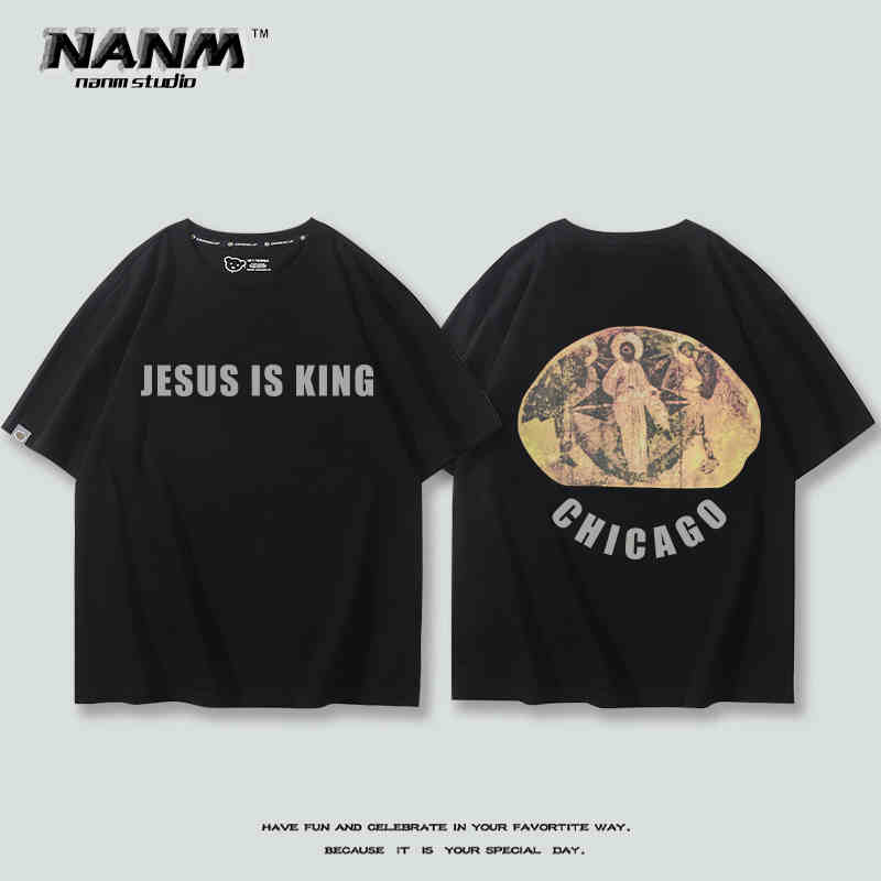 2024 New Fashion KANYE with Short Sleeve T-shirt Boys Kanye Music Festival Three Gods Religious Oil Loose Hip Hop Half Sleeve