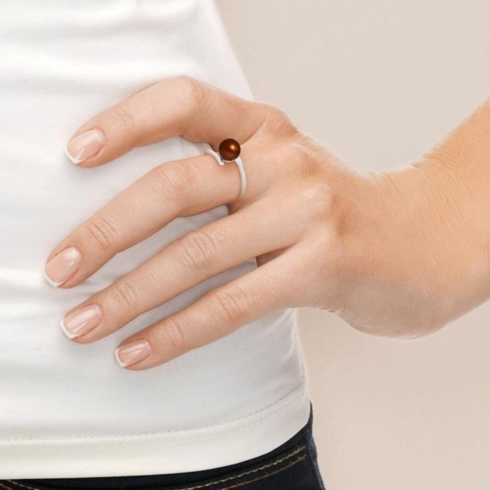 Bague - PERLINEA - Véritable Perle de Culture 7-8 mm - Chocolat - Or Blanc - Femme
