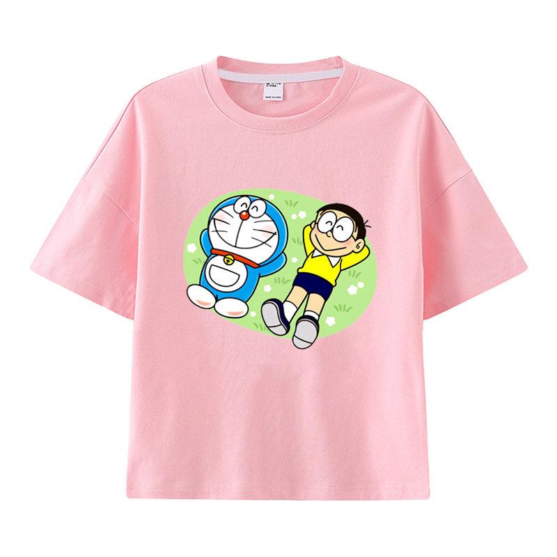 Pure Cotton Childrens Shortsleeved Tshirt for Summer Boys and Girls Halfsleeved Childrens Clothing with Doraemon Pattern