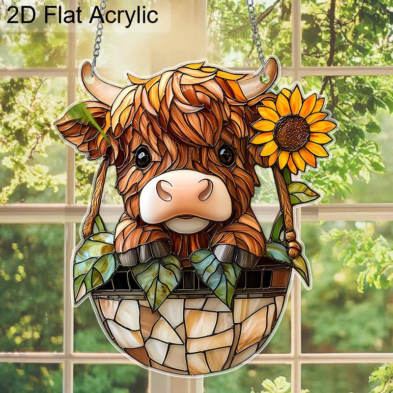 Acrylic Highland Cow with Sunflower Suncatcher Stained Glass Effect Window Hanging Ornament Farm Animal Lover Gifts