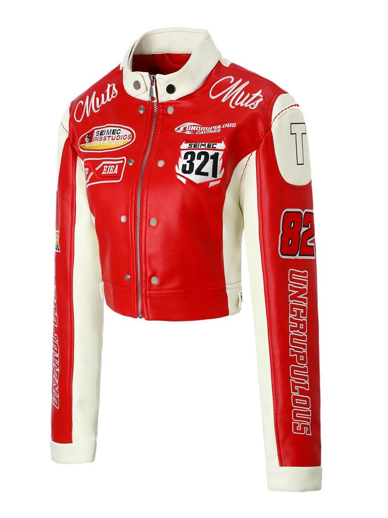 Женская мотоциклетная куртка из ПУ кожи в стиле колор-блок с вышитой нашивкой и воротником-стойкой