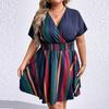 Летнее женское платье больших размеров с v-образным вырезом и полосатой талией, платья с короткими рукавами