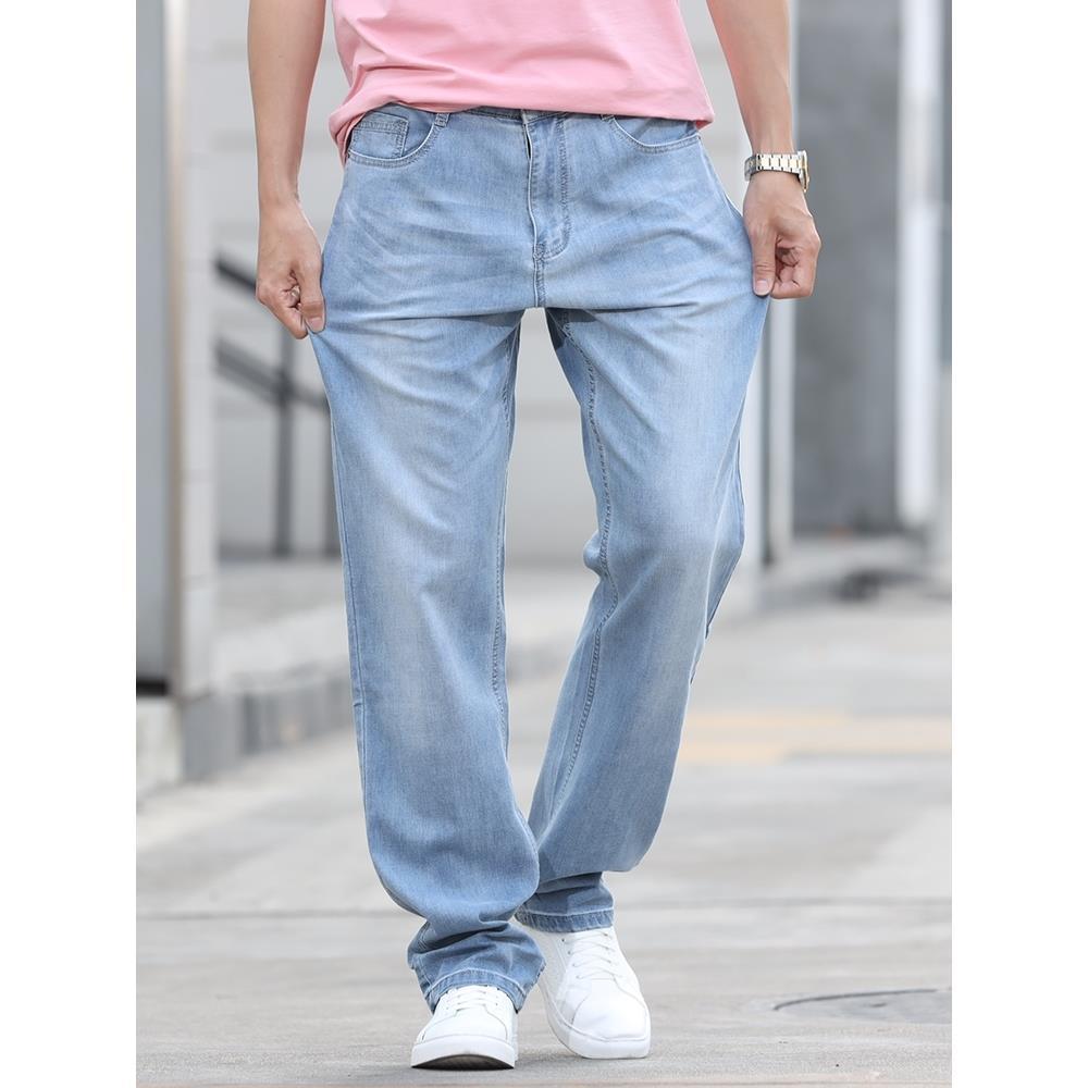 Men's Thin Loose Jeans Classic Straight Blue Business Casual Elasticity Cotton Denim Trousers Plus Size 40