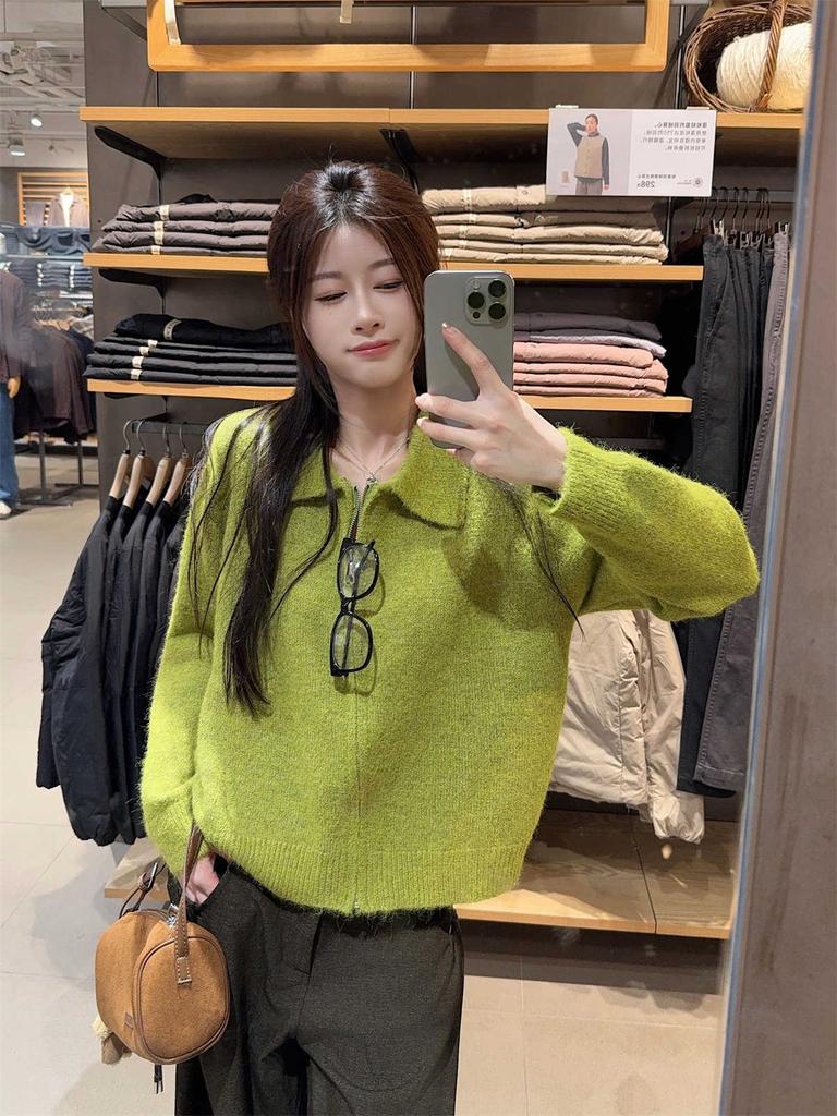 Универсальный трикотажный кардиган для通勤, женский осенне-зимний на молнии с воротником поло, многослойный повседневный свитер-жакет