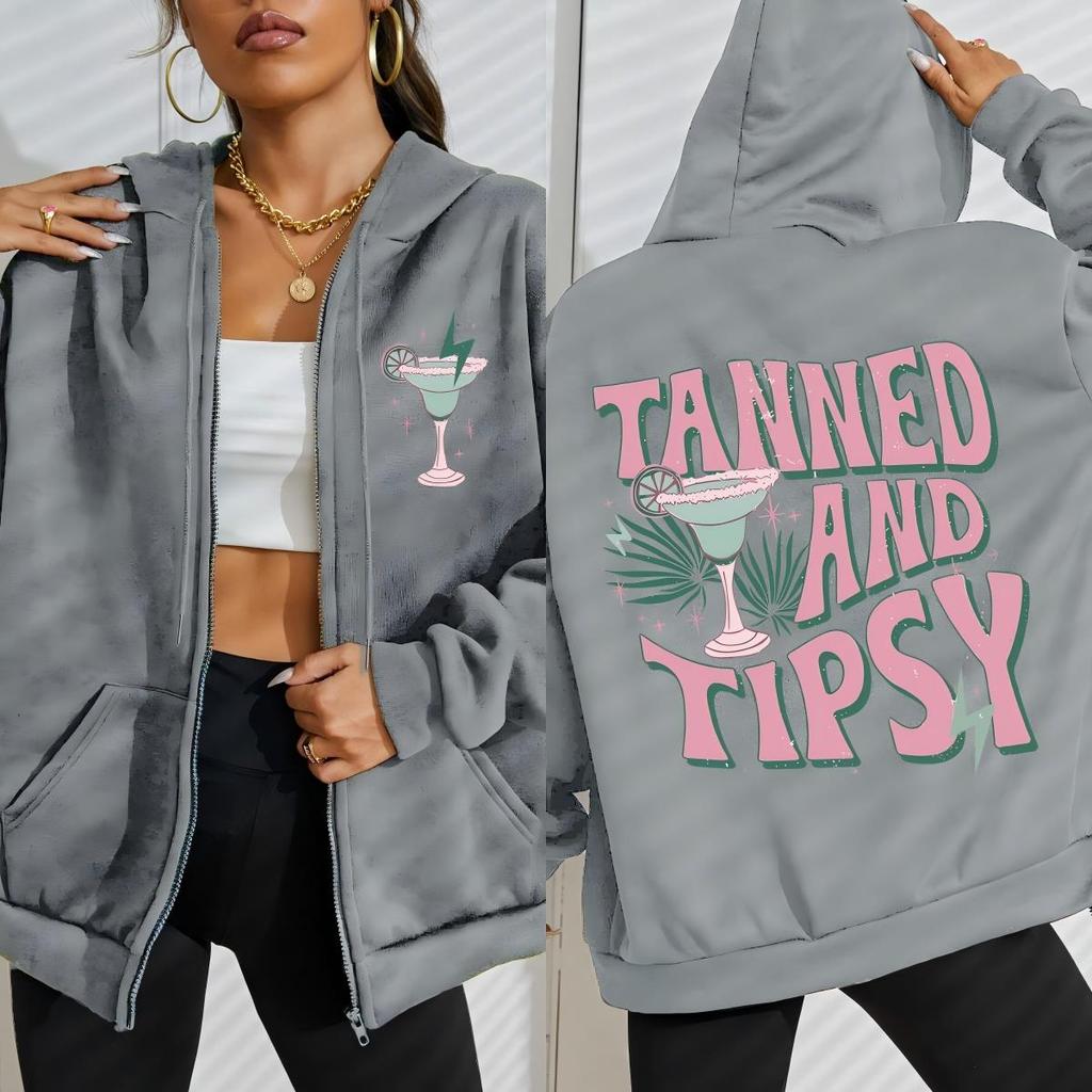 Tanned And Tipsy Pattern Printing Woman Zipper Hoodie Autumn Fleece Clothes Comfortable Hoody Oversized Sportswear
