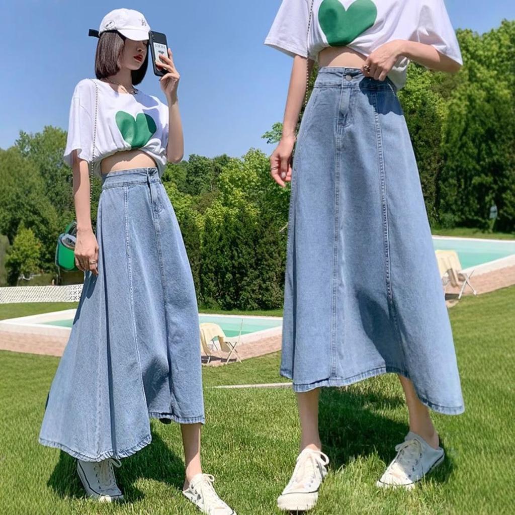 2025 Women's High Waist Slimming Midi Denim A-Line Skirt for Spring/Summer