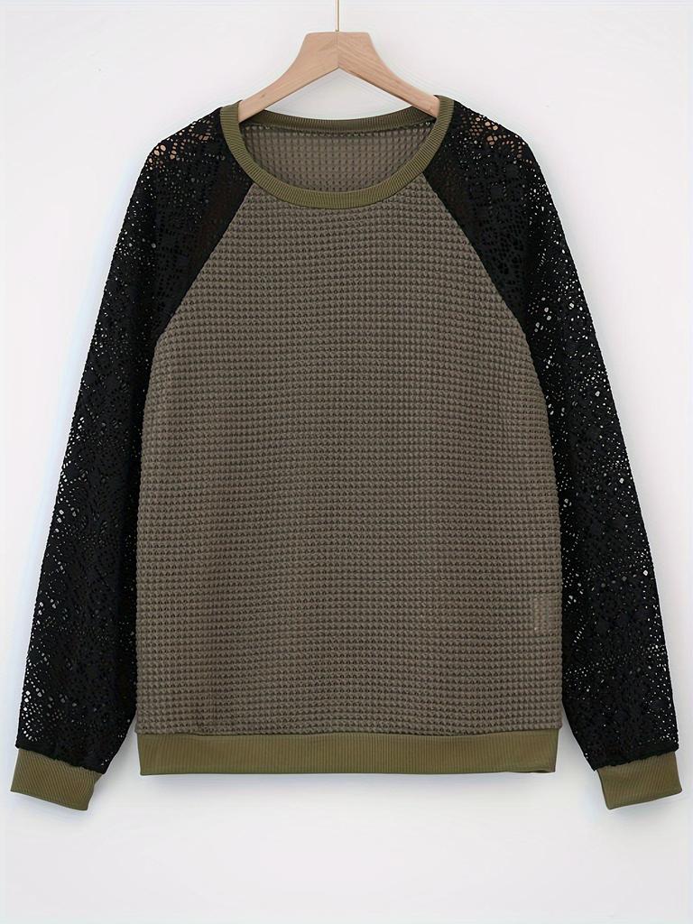 Европейская и американская женская повседневная футболка 2025 года, однотонная, с кружевом, длинным рукавом, вырезами, круглым вырезом