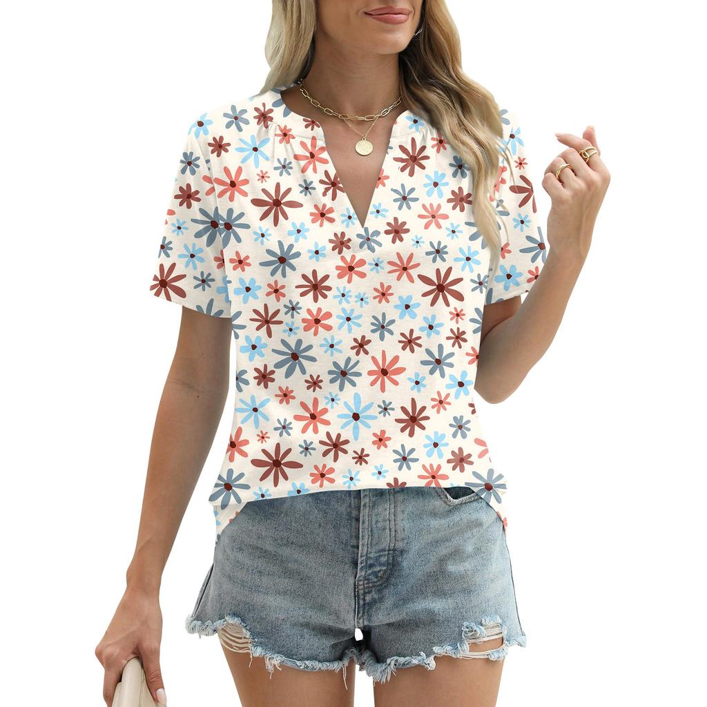 Womens Summer Tops Short Sleeve V Neck Shirts Loose Casual T-Shirts