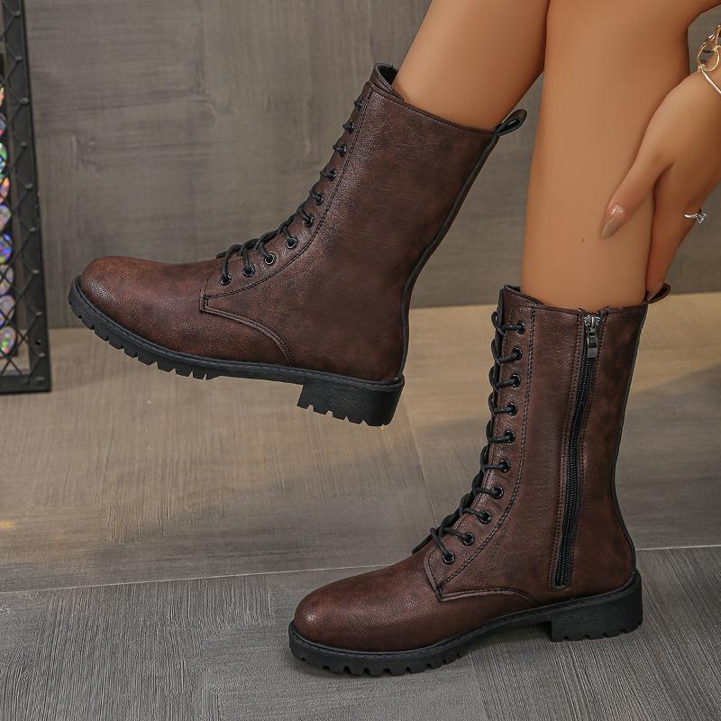 Women's Fashion Chunky Single Boots Autumn New Round Front Lace-up Side Zipper Soft Sole Non-slip Mid-calf Boots