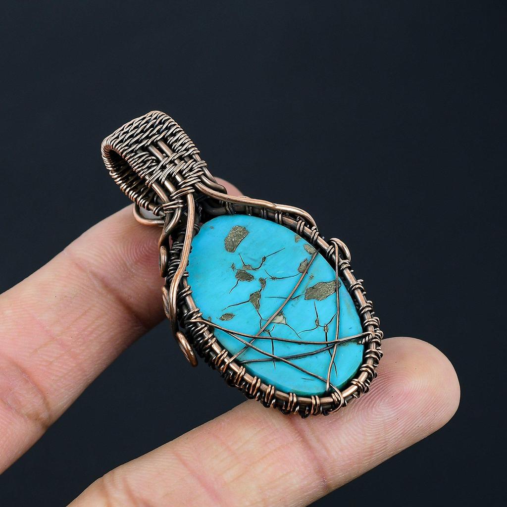 Turquoise & Moonstone Gemstone Handmade Pure Copper Wire Wrap Jewelry Pendant For Love