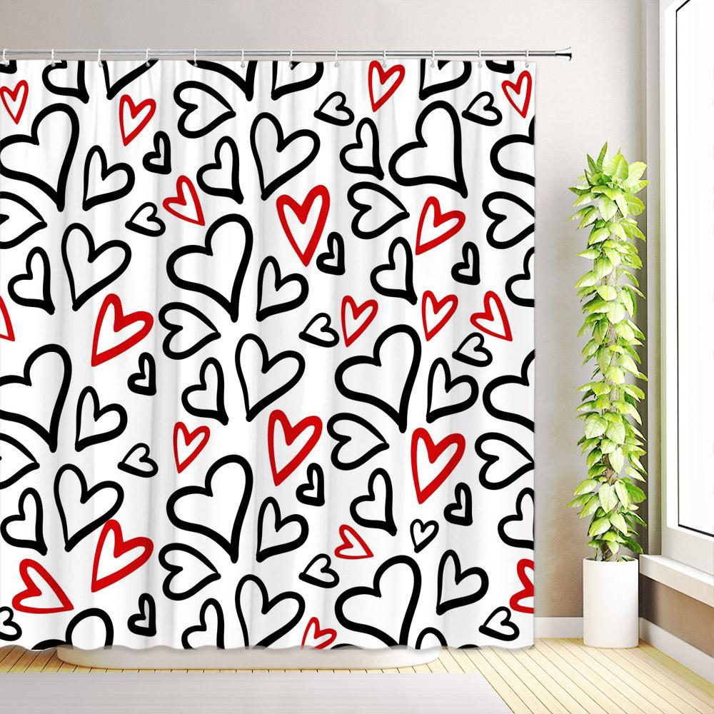 Valentine's Day Shower Curtain Romantic Pink Red Love Heart Rose Flower Mushroom Bathroom Decor Fabric Bath Curtain with Hooks