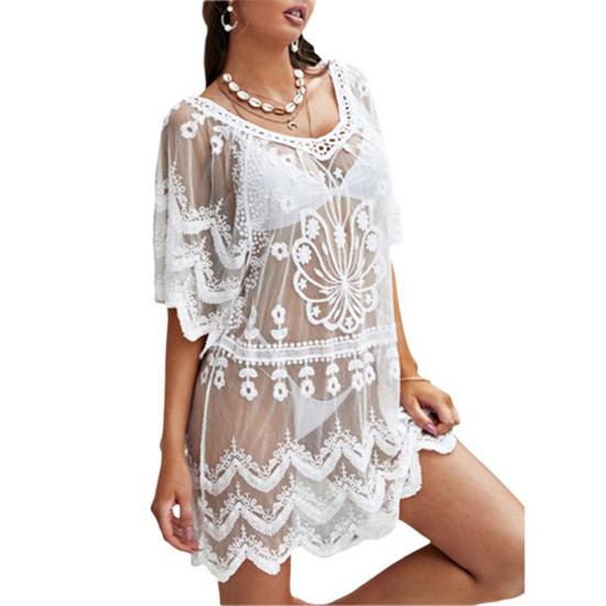 Sexy Beach Bikini Cover-up V-neck Half Sleeve Embroidery Flower Pattern See-Through Mesh Cover-up Loose Fit Ultra-thin