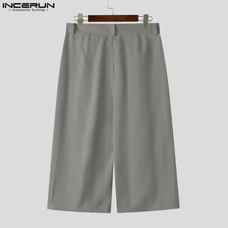 INCERUN Мужские брюки-капри с высокой талией и молнией, однотонные, повседневные, свободные, прямые
