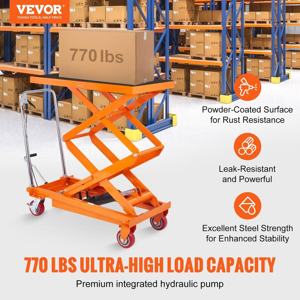 Hydraulic Lift Table Cart, 770lbs Capacity 59" Lifting Height, Manual Double Scissor Lift Table with 4 Wheels and Non-slip Pad, Hydraulic Scissor Cart