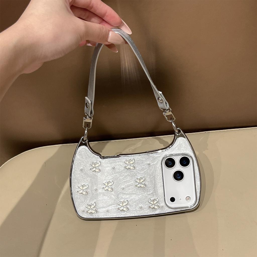 Elegant Pearl & Butterfly Shoulder Phone Case for iPhone 12-17 Series — Adjustable Strap, Mirror Metallic Frame