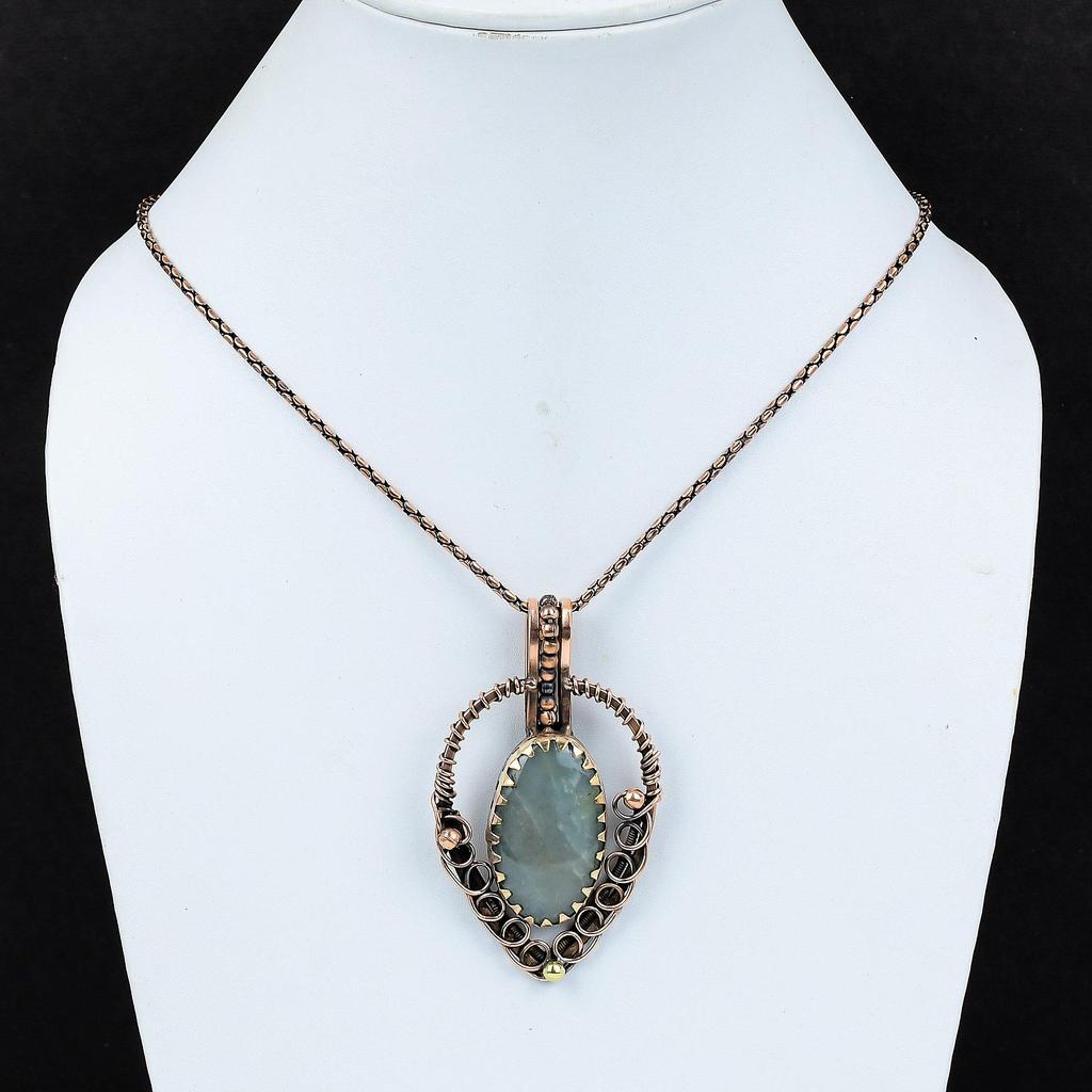 Amazing Aquamarine Gemstone Handmade Jewelry Pure Copper Wire Wrapped Pendant