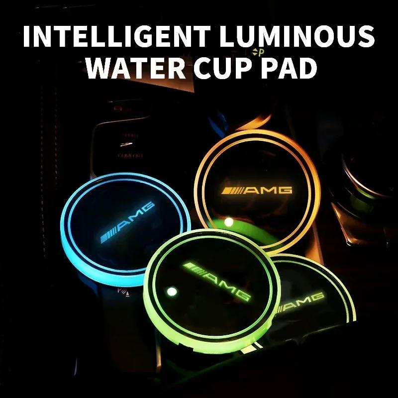 SUK3 1/2PCS Car Luminous Water Cup Coaster 7 Colorful For Mercedes Benz AMG W204 W203 W205 W211 W212 W213 W201 W210 W124 Accessories