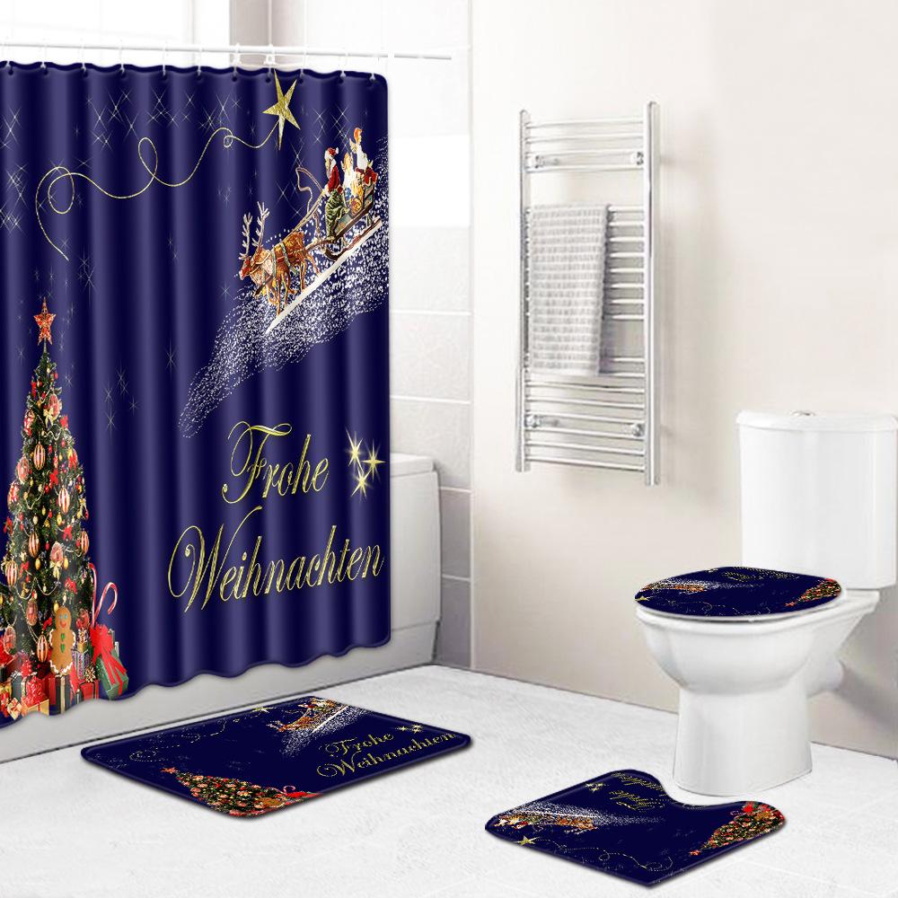 Christmas Shower Curtain Floor Mat Combination Four-Piece Set Bathroom Toilet Carpet Shower Room Mat Foot Mat