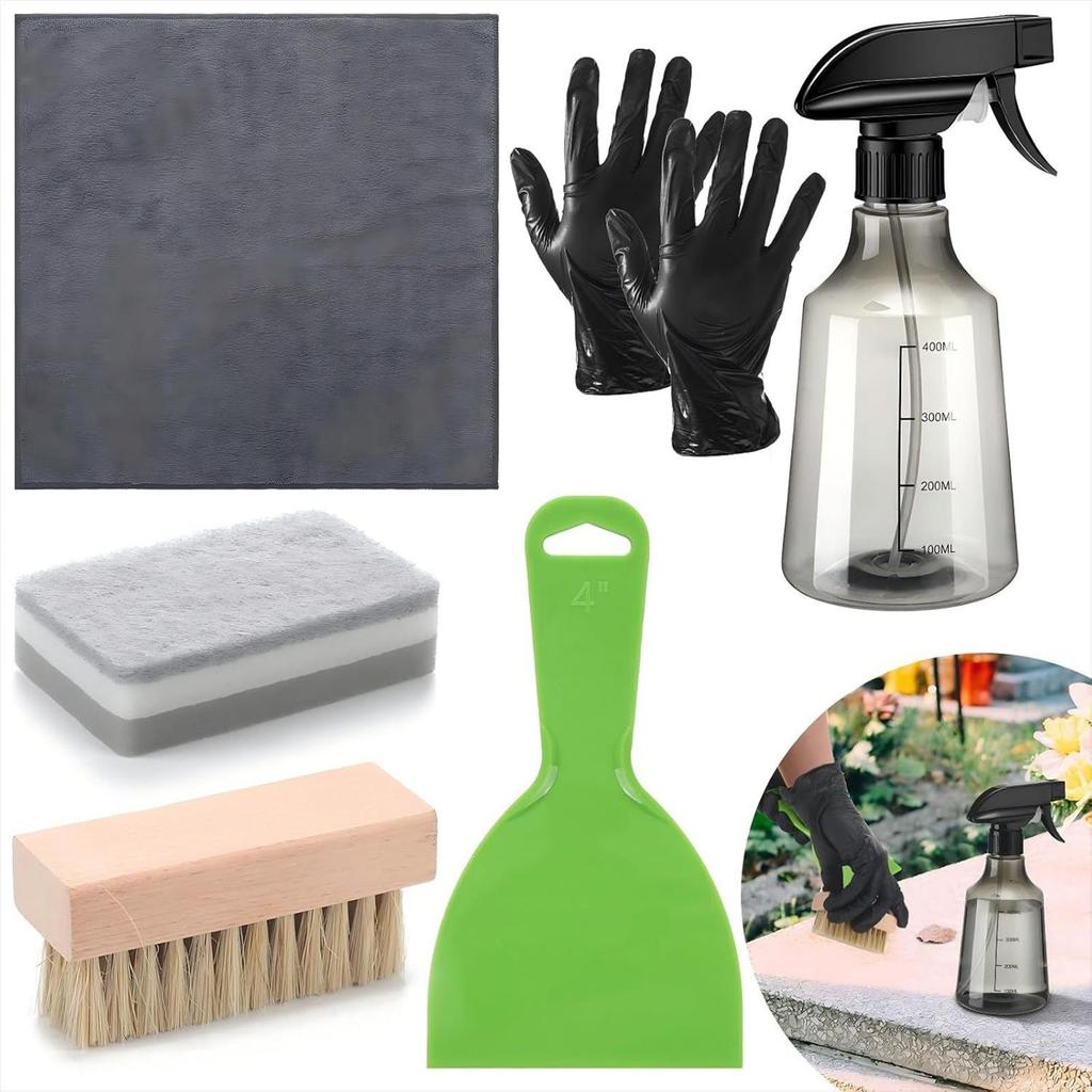 Tombstone Cleaner For Graves Cleaner Kit Spray Bottle Gloves Sponge Cloth Brush Scraper For Stone Care Monument Preservation