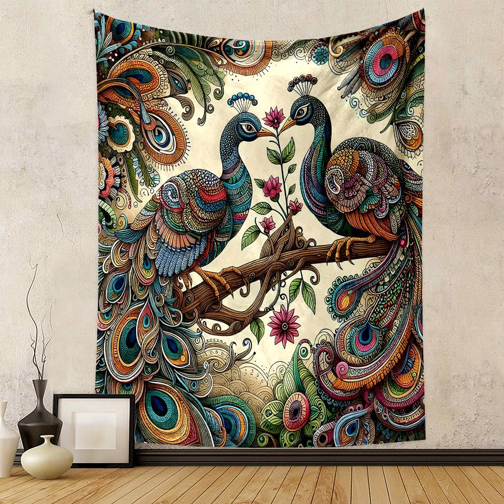 Colorful Peacock Pair with Floral Motifs Patterned Tapestry Decorative Wall Hanging, Home Bedroom Living Room Decor