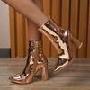 2024 Новые женские ботильоны Модные золотисто-серебристые лакированные кожаные туфли с острым носком на квадратном каблуке Ботинки Челси Botas De Mujer
