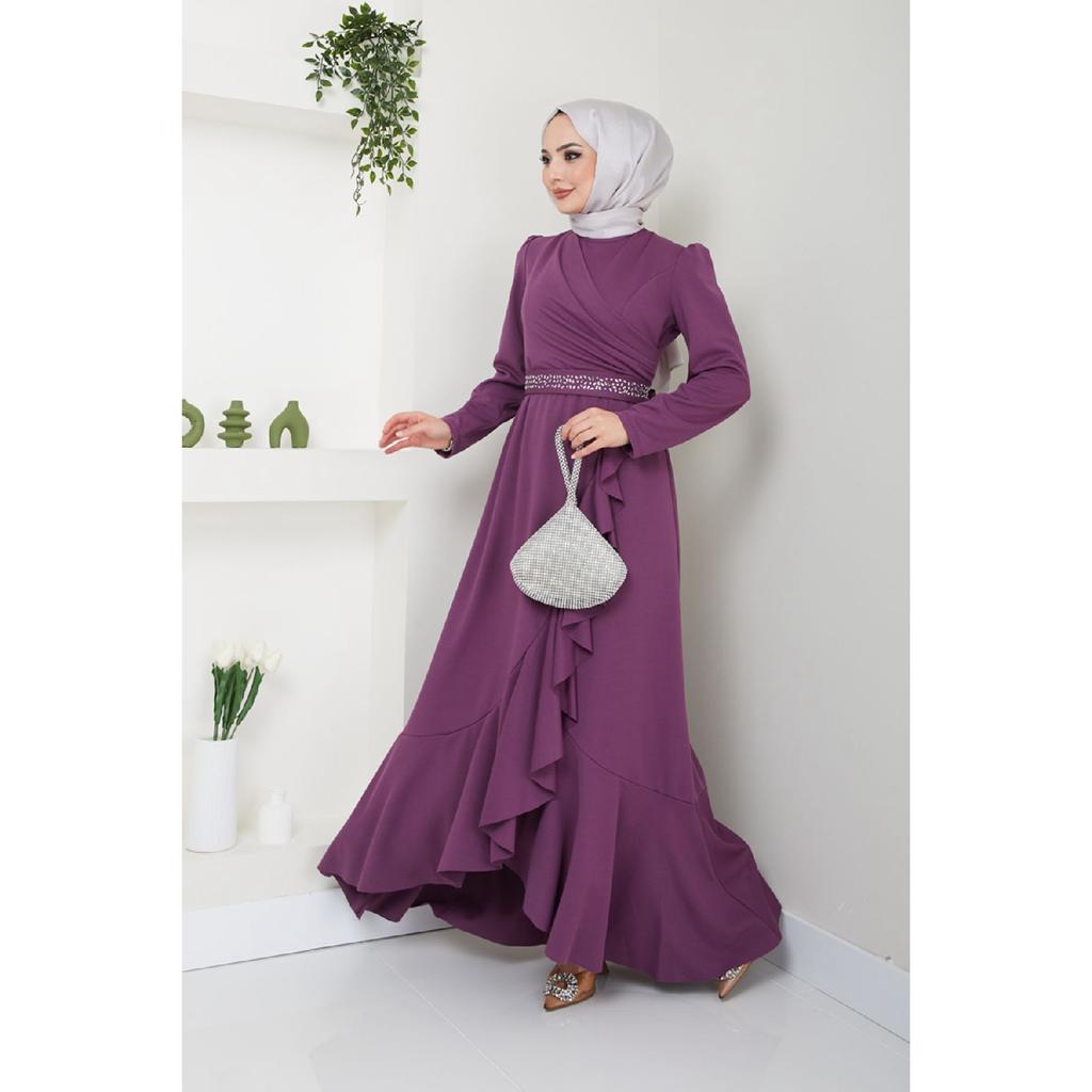 Women's Clothing Evening Dress Fashion Skirt Flounced Belt Stoned Hijab Evening Dress 2497 Black