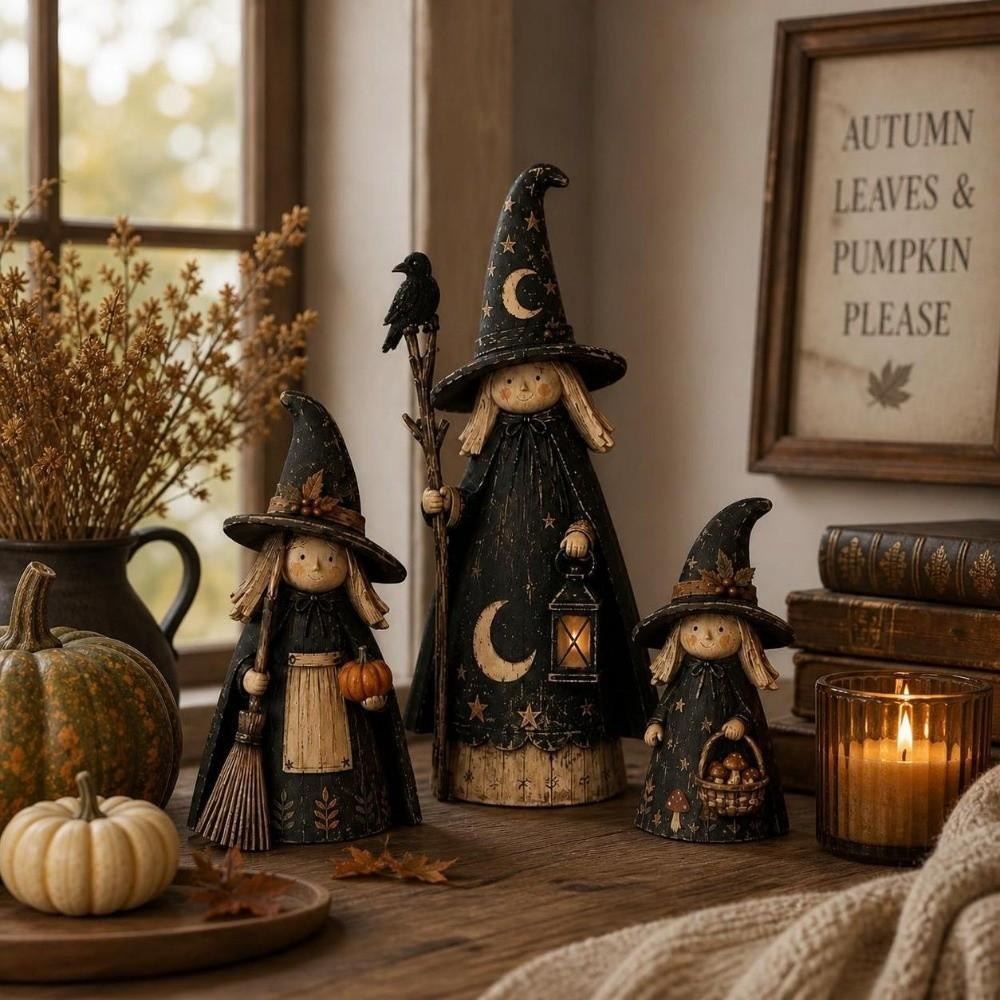3pcs Scarecrow Sculpture Crow Witch Statue Set Wooden Desktop Decoration Fireplace Shelves