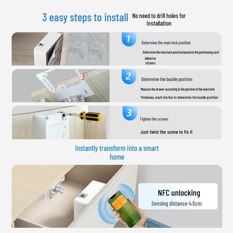Невидимый электронный замок для ящиков с NFC-картой - Электронный замок без сверления для шкафов