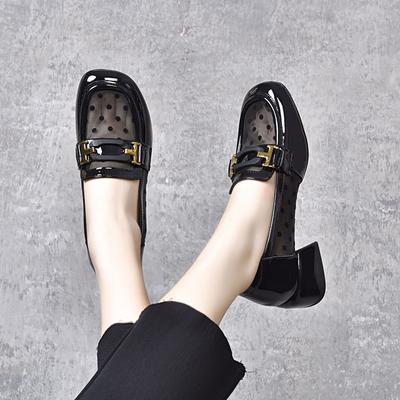 Сетчатые туфли-лодочки женские весенне-летние с квадратным носком, в горошек, с квадратной пряжкой, с открытым вырезом, на толстом каблуке, маленькие кожаные туфли, на низком каблуке, обувь на четыре сезона
